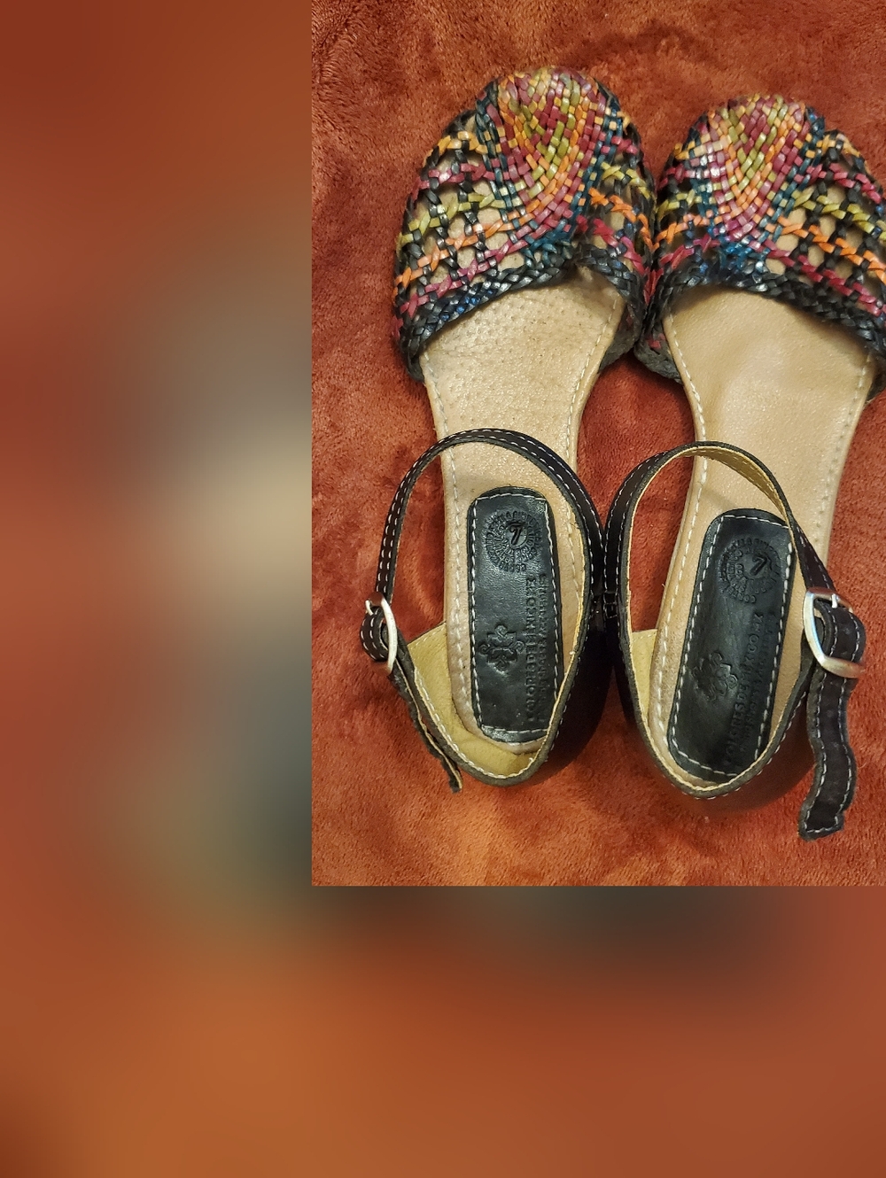 Woven Multicolor Leather Sandals with Black Ankle Strap